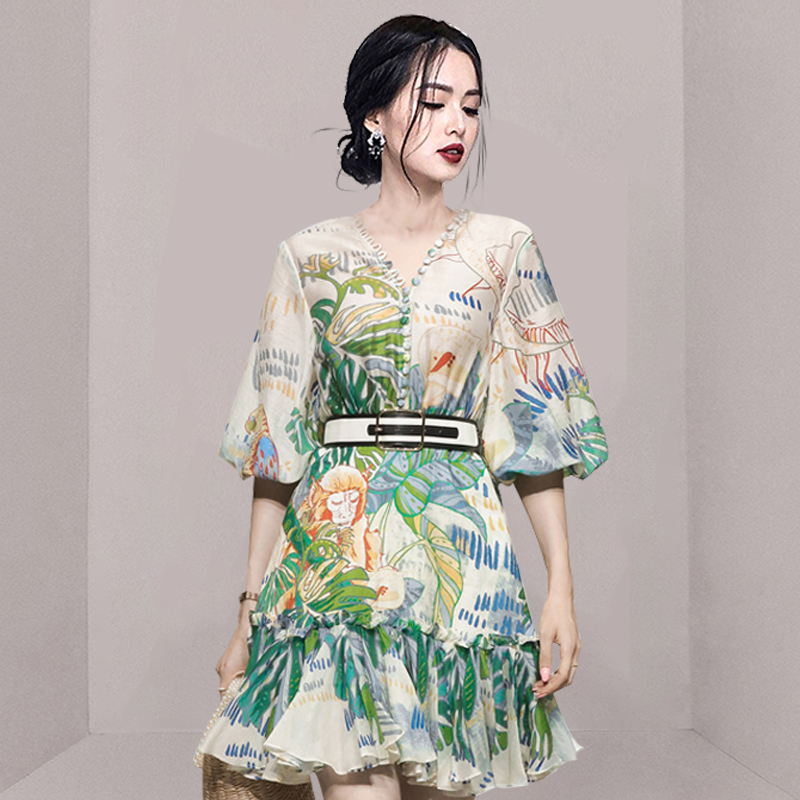 2022 New Fashion Runway Summer Women’s Dress Elegant Retro Lantern Sleeves Slim Print Dresses alx