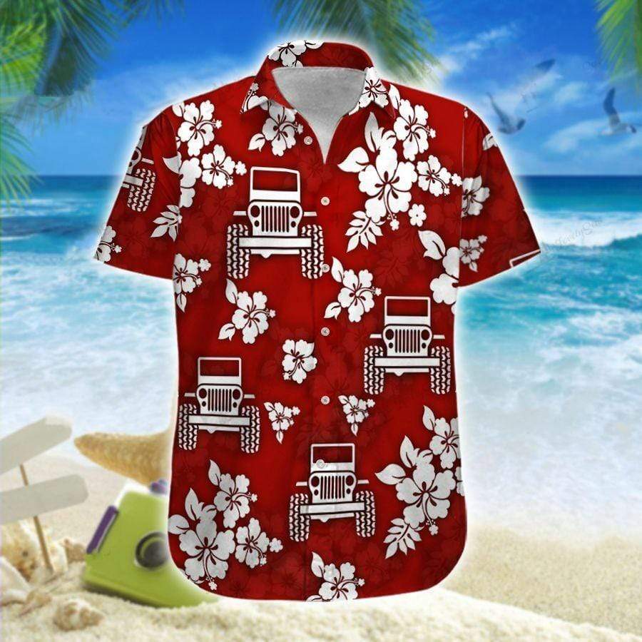 Hawaii Aloha Shirt Made In Jeep Red Hibiscus Ha4723