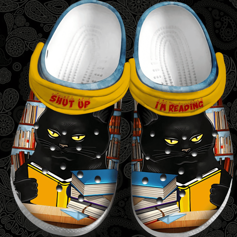 Black Cat Love Read Shut Up Im Reading Gift For Lover Rubber clog Shoes Comfy Footwear