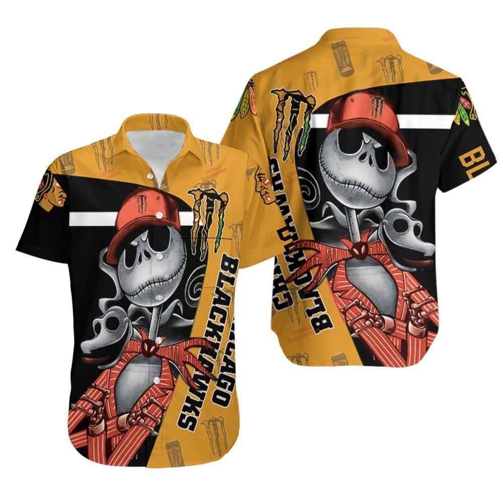 Beach Shirt Jack Skellington Monster Energy Logo Chicago Blackhawks Hawaiian Shirt