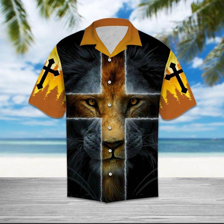 Unifinz Jesus Hawaiian Shirt Lion Jesus Cross 3D Yellow Hawaii Shirt Jesus Aloha Shirt Christian Apparel 2022