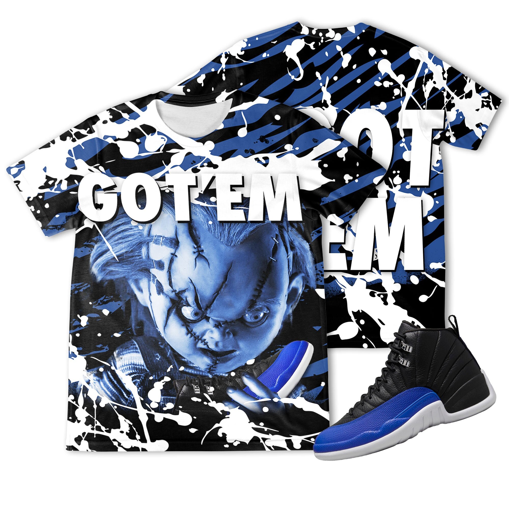 Chucky Gotem 3D Zebra Stripes Paint Unisex matching 3D Shirt Jordan 12 Retro Hyper Royal Shirt trending 2022, oversized shirt