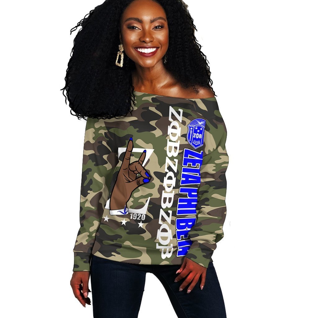 Sorority Sweatshirt – Zeta Phi Beta Camouflage Women Off Shoulder Style