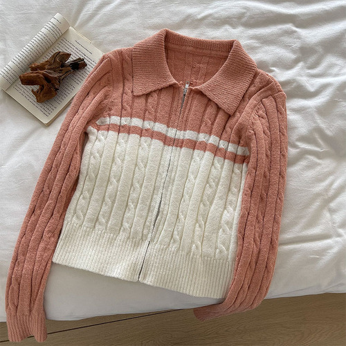 Zipper Knitted Pullovers Women Chic Vintage Simple Korean New Fashion Sweaters Autumn All-match Long Sleeve Preppy Style Clothes alx