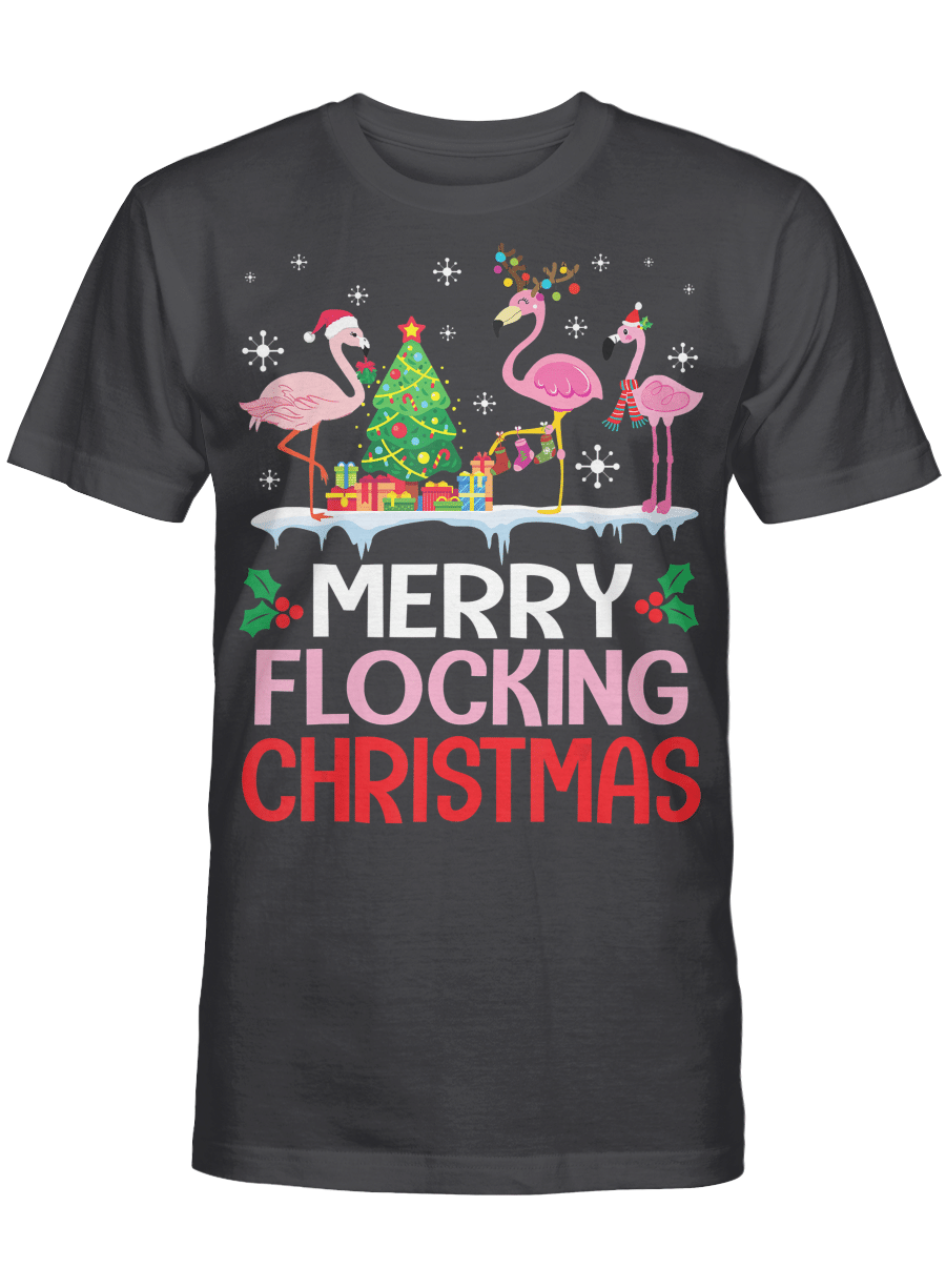 AmazeStyleZ Santa’s Reindeer, Ugly Christmas Sweater, Christmas Gift Ideas, Flamingo Noel Hats Dancing On Snow Merry Flocking Christmas T-Shirt