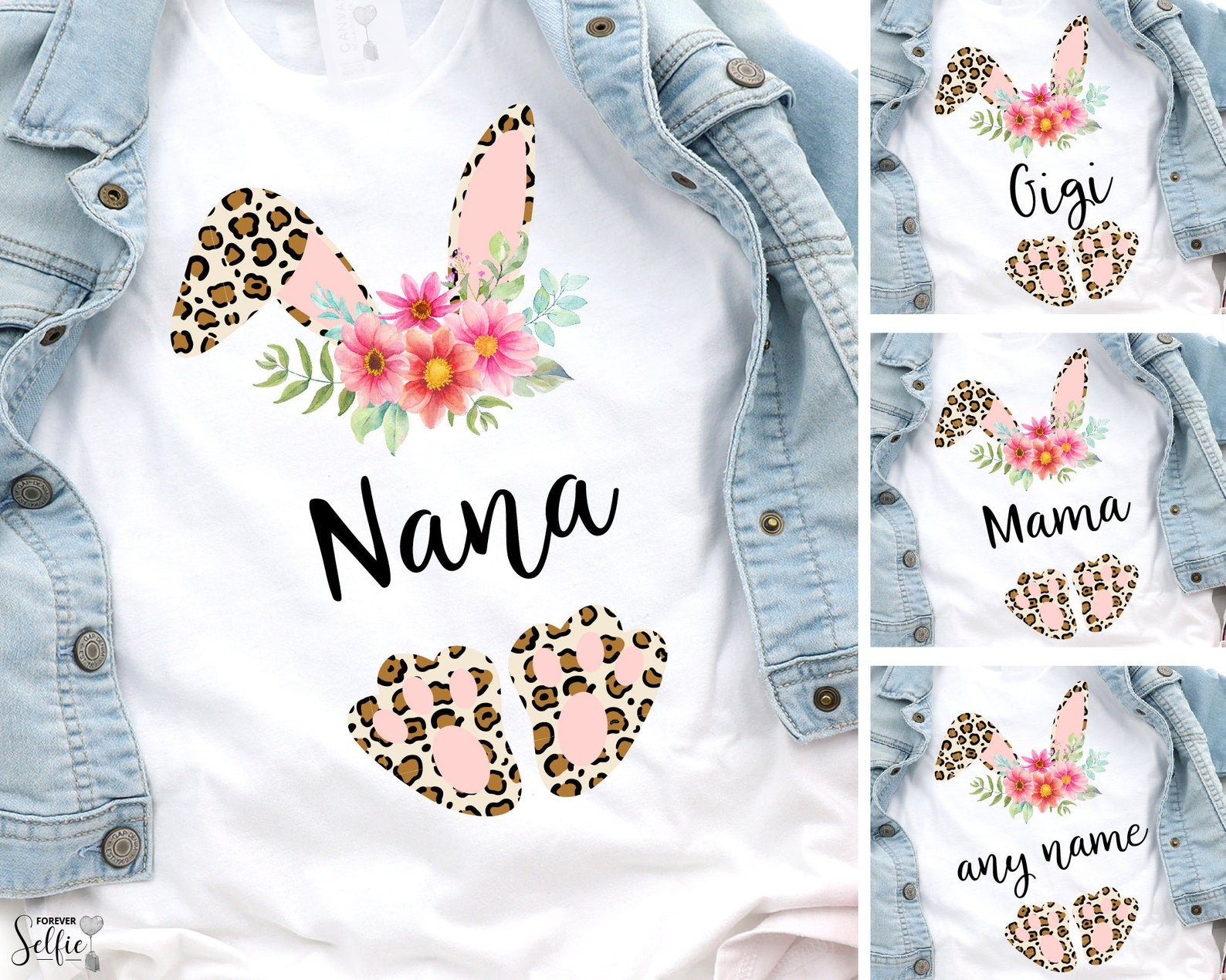 Personalized T-Shirt For Grandma Nana Bunny Colorful Flower Leopard Design Custom Nickname Easter Day Shirt