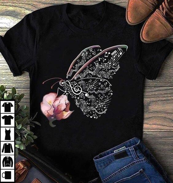 Music Notes Butterfly Flower T-shirt