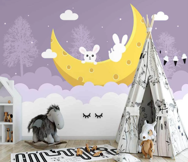 3D Cartoon Purple Sky Moon Plant Tree Bunny Animal Wall Mural Wallpaper Lxl