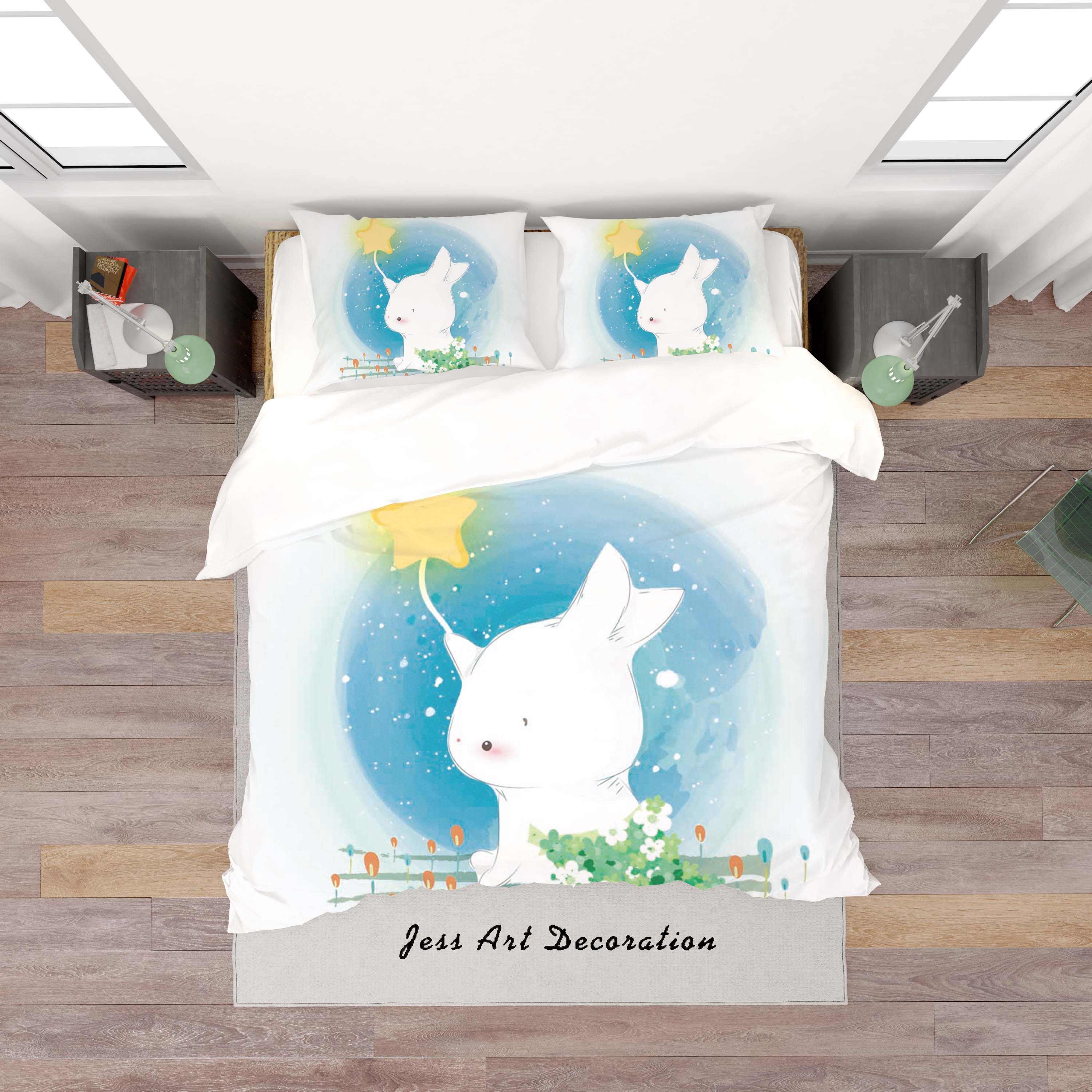 3D White Blue Rabbit Star Quilt Cover Set Bedding Set Duvet Cover Pillowcases Sf91