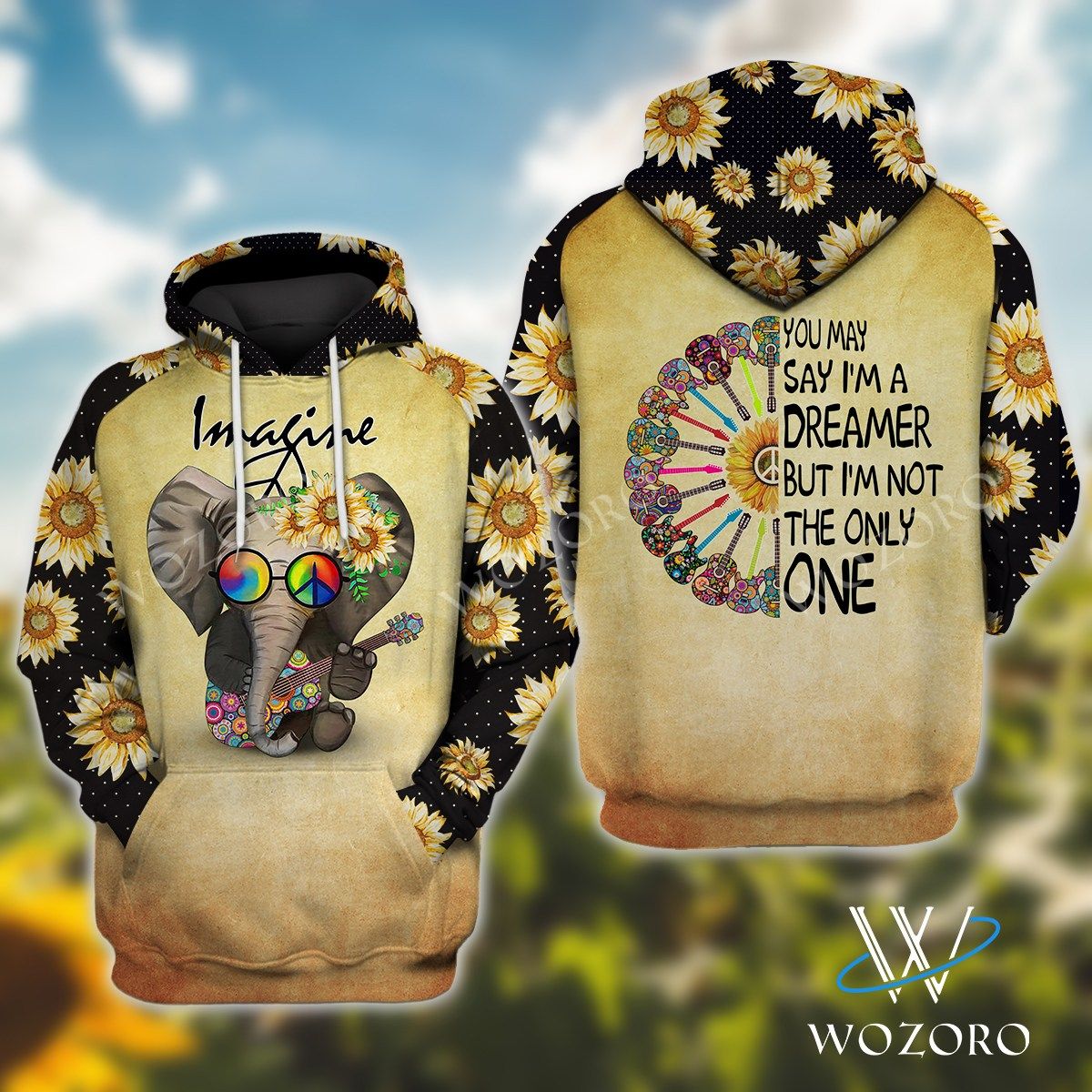 Imagine Im A Dreamer Guitar Elephant Hippie 3D Printed Sublimation Hoodie Hooded Sweatshirt Comfy Soft And Warm For Men Women S To 5Xl Ctc25039205