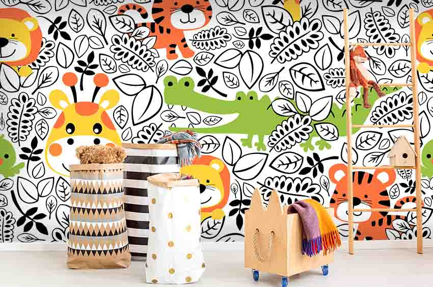 3D Color Cartoon Animals Giraff Tige Leave Wall Mural Wallpa 84