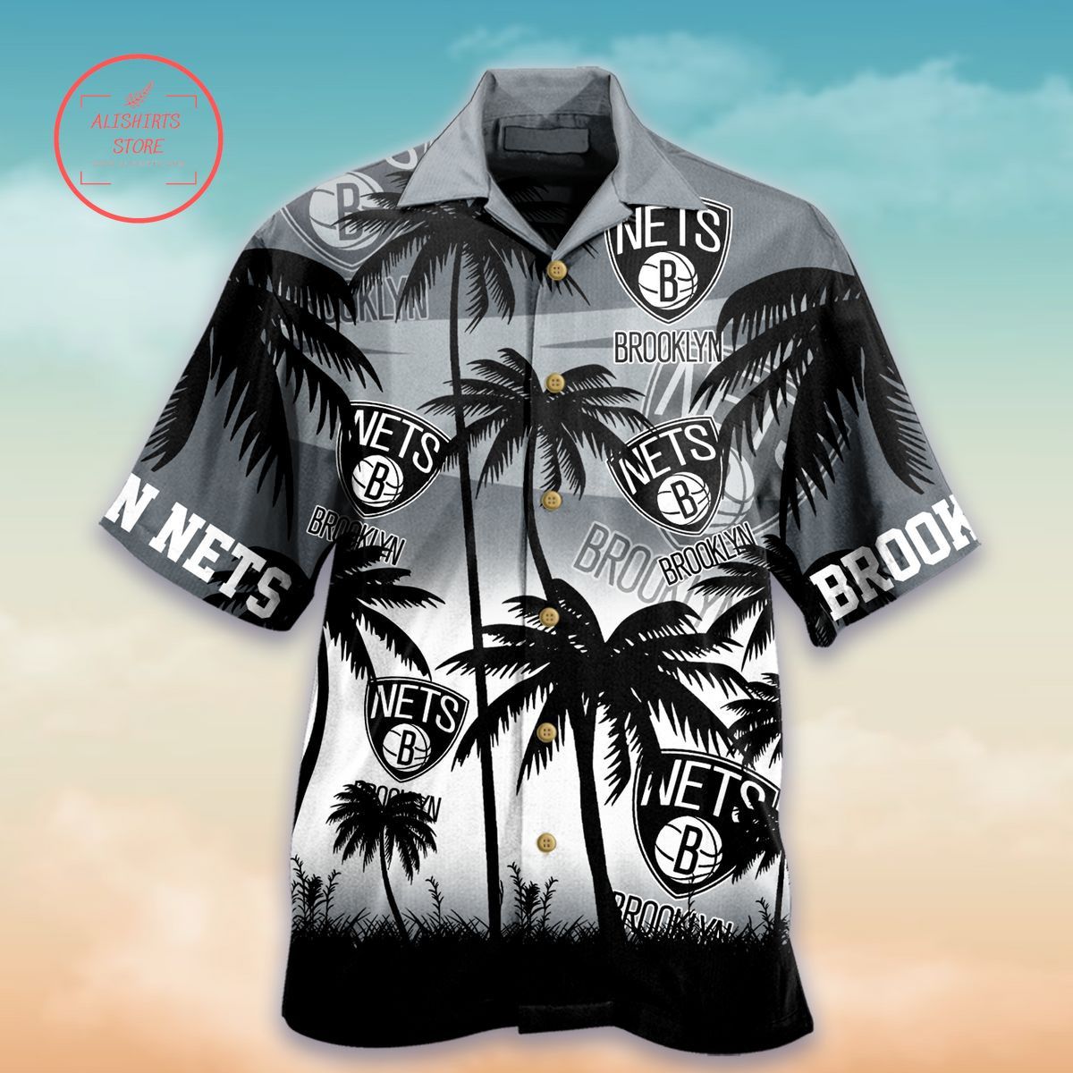 NBA Brooklyn Nets Black Gray Palm Trees Hawaiian Shirt