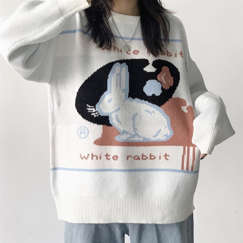 Deeptown Kawaii Rabbit Print White Oversize Sweater Women Korean Style Ugly Harajuku Cute Crewneck Jumper Female Pullover Tops alx