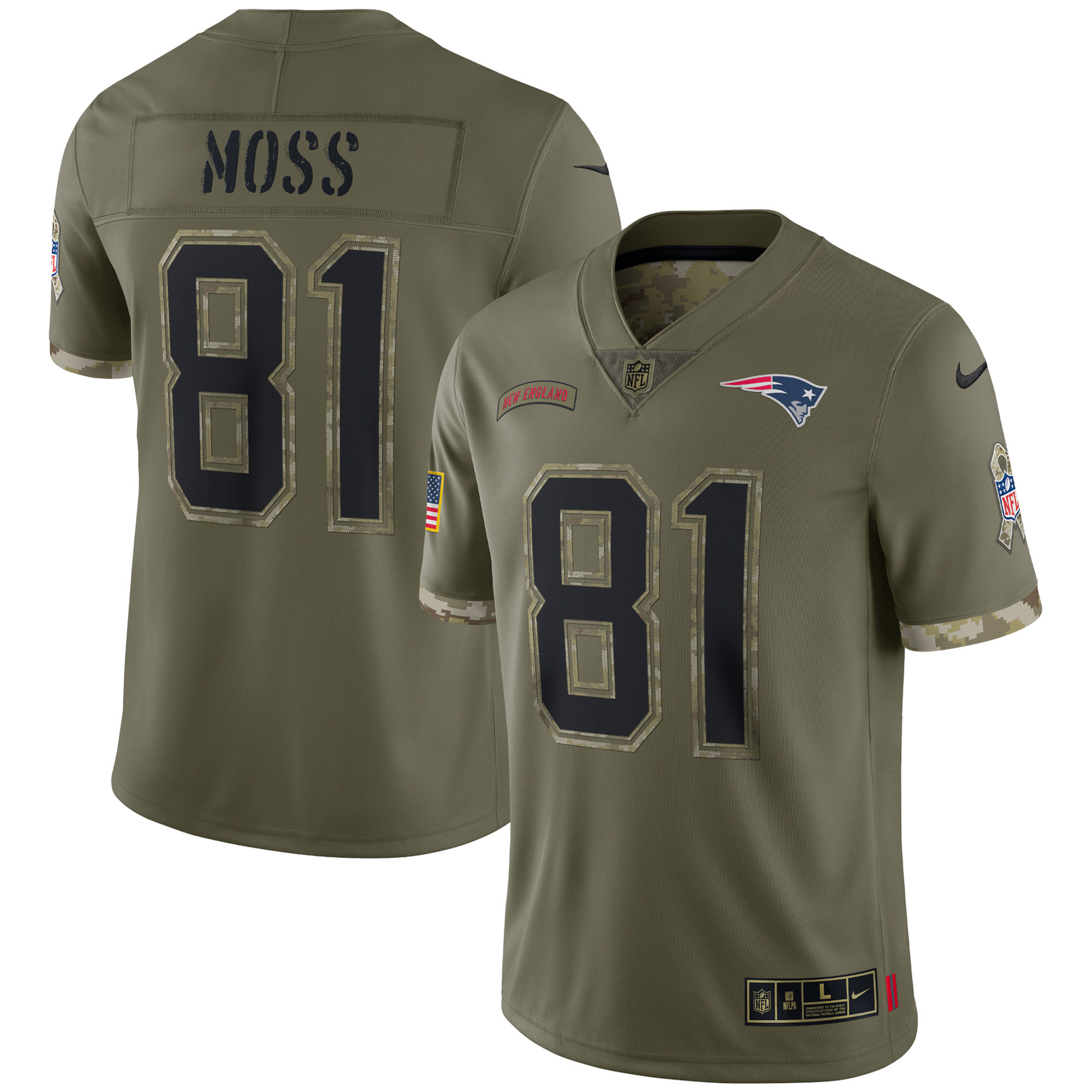 Men’s New England Patriots Randy Moss Olive 2022 Salute To Service Retired Player Limited Jersey