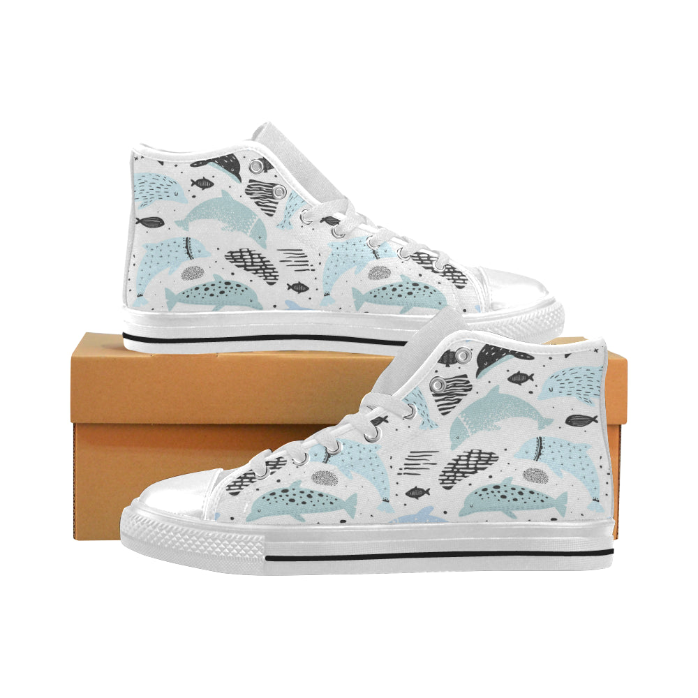 Cute Dolphins Childish Style Pattern Men’S High Top Canvas Shoes White Gift For Men Women