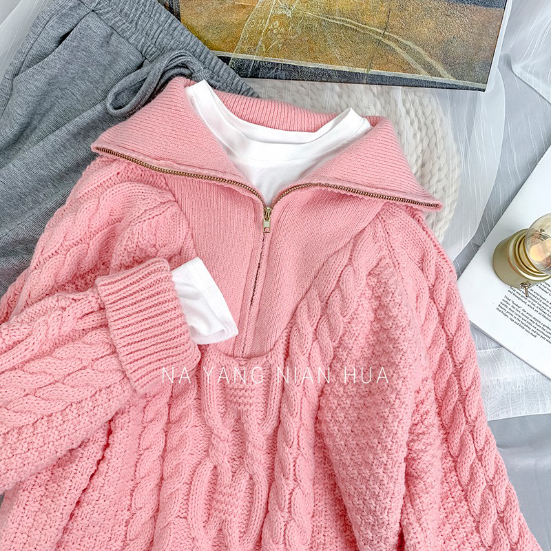 Women’s Clothing Pink Korean Knitting Sweater Zipper High Collar Long Sleeves Casual Vintage Fashion Baggy Tops Ladies Autumn alx