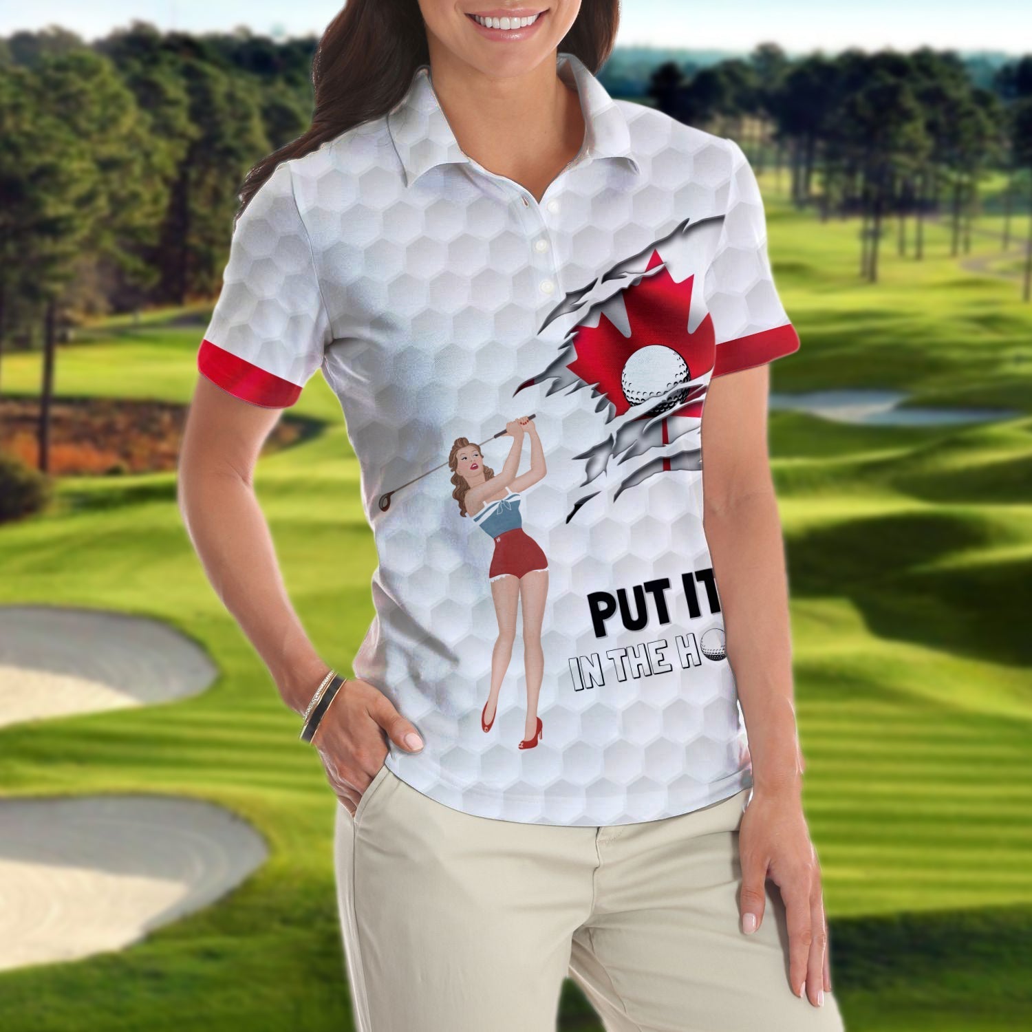 Golf Canada Flag Pin Up Girl Short Sleeve Women Polo Shirt, Canadian Golf Shirt For Ladies Coolspod