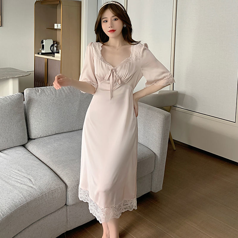 V-neck Sleepshirts Women Short Sleeve Tunic Gentle Lace Slender Cozy Breathable Nightgowns Trendy Bow Temperament Lounge Females alx