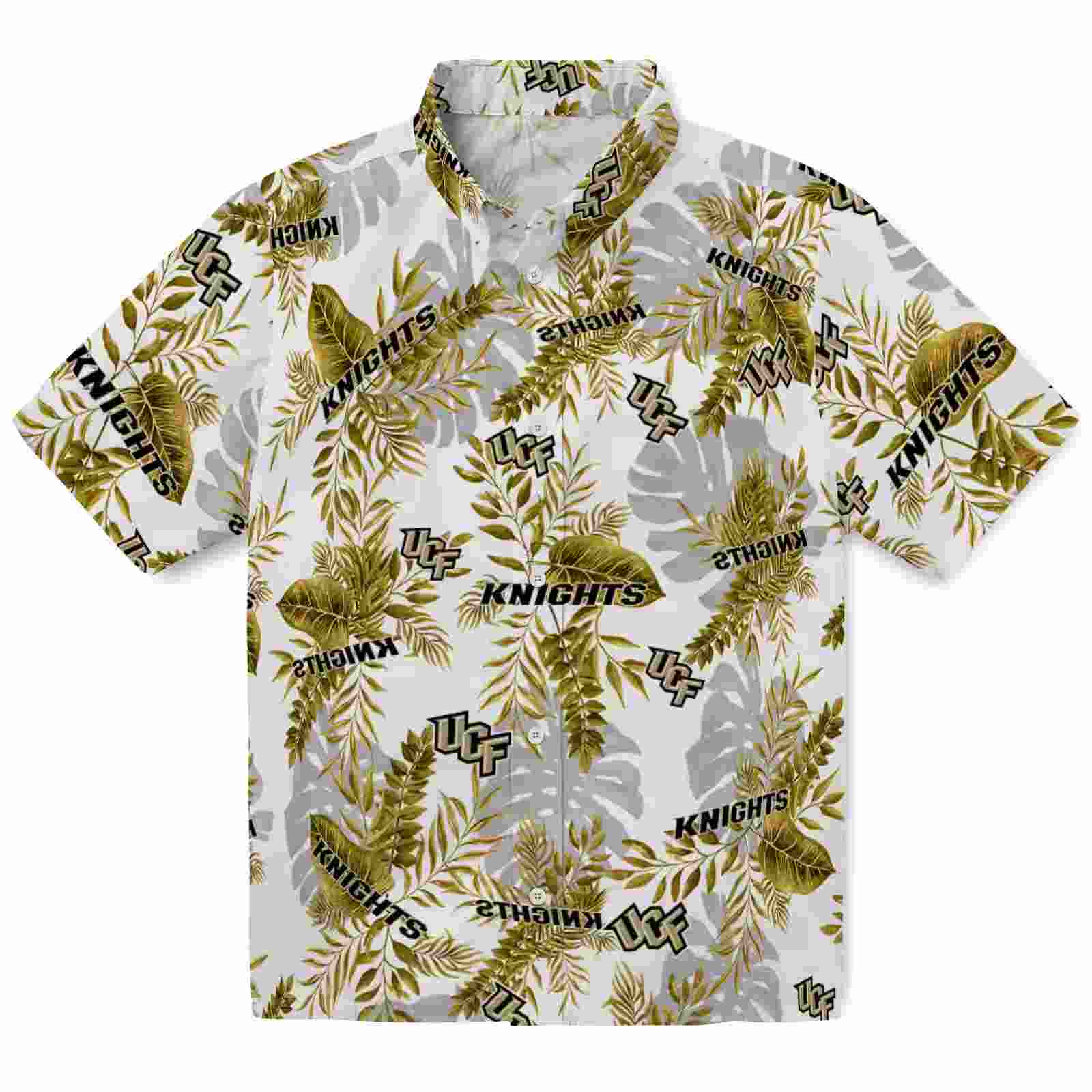 Ucf Knights Tropical Leaves Gold White Hawaiian Shirt