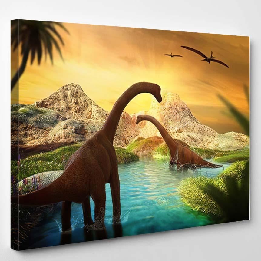 3D Fantasy Landscape Dinosaur Rendered Mountains – Dinosaur Animals Canvas Print