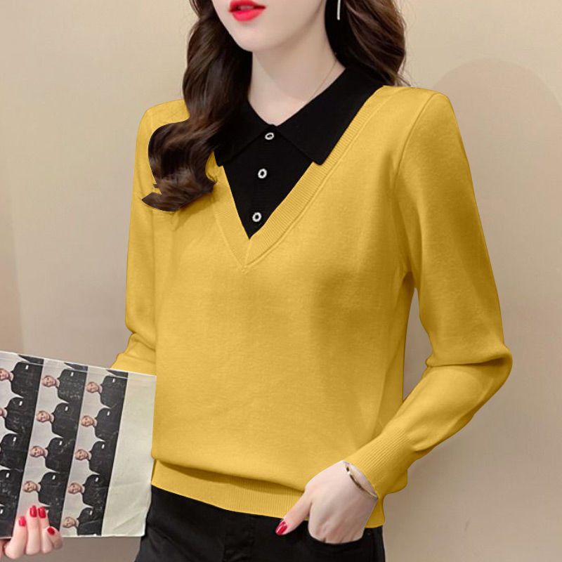 Casual Fashion Lapel Button Spliced Knitted Sweaters Women Clothing 2022 Autumn New Korean Loose Pullovers Fake Two Pieces Tops alx