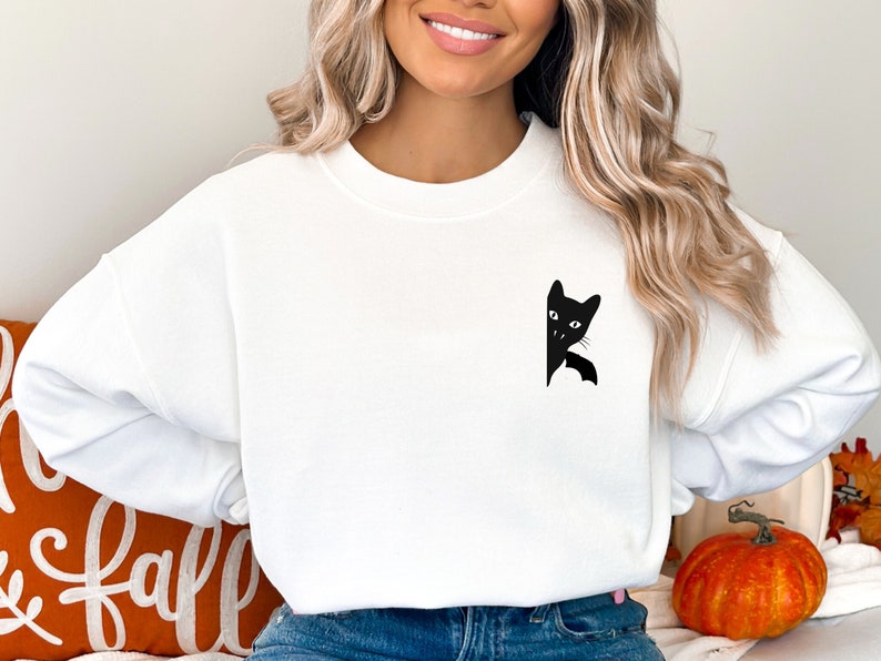 Spooky Cat Halloween Embroidered Sweatshirt 2D Crewneck Sweatshirt All Over Print Sweatshirt For Women Sweatshirt For Men Sws2709