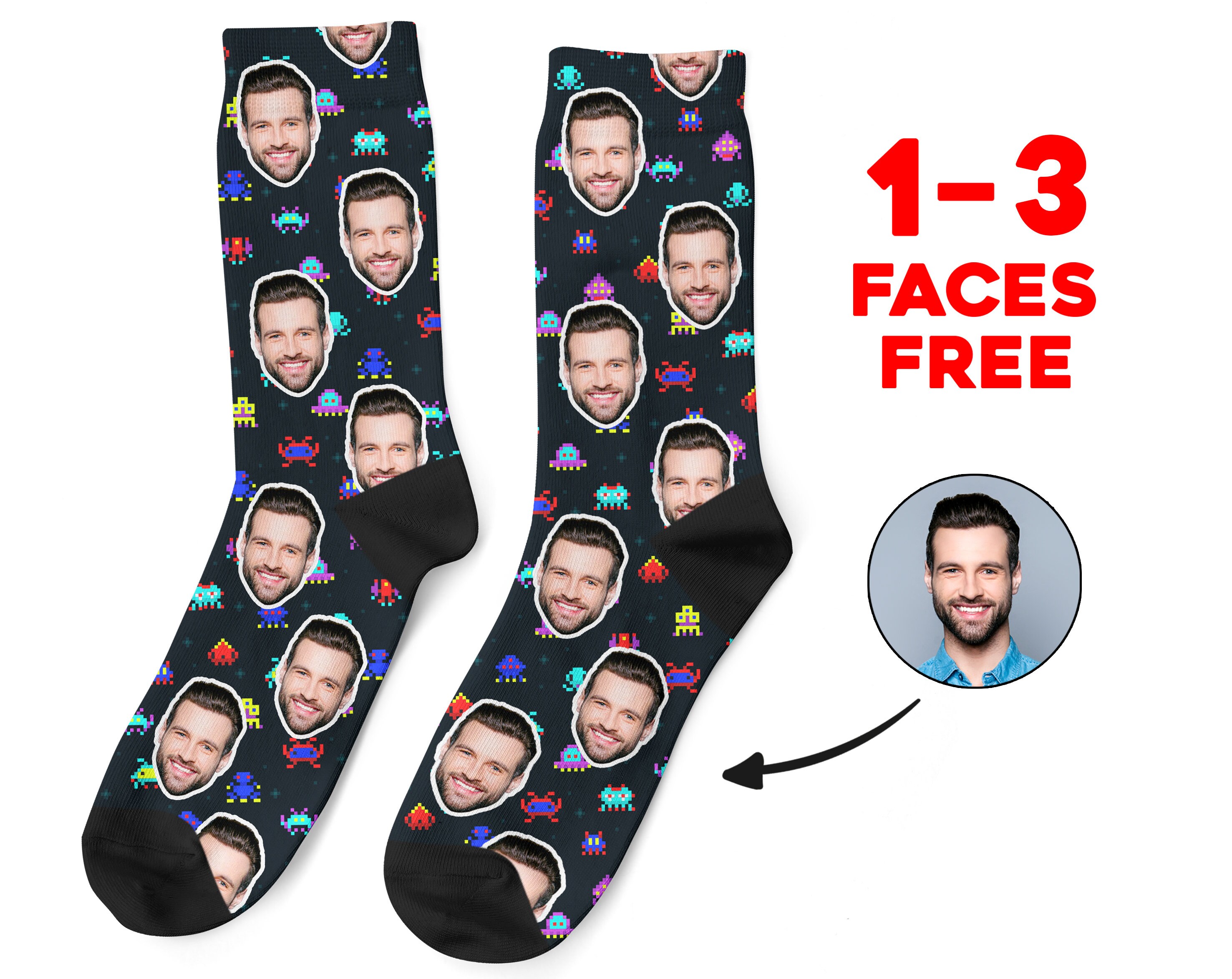 Custom Face Socks, Retro Game Face Photo Socks, Personalized Gaming Socks, Picture Socks, Funny Gift For Her, Him or Best Friends