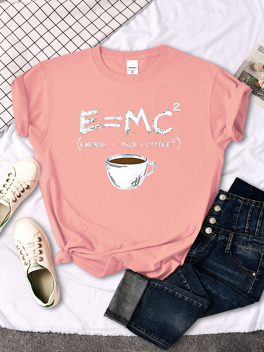 Womens T-Shirts Energy = Milk * Coffee Cartoon Print Tshirt Famale Oversized Kawaii Casual O-Neck Tops Cozy Soft Loose Tshirts alx