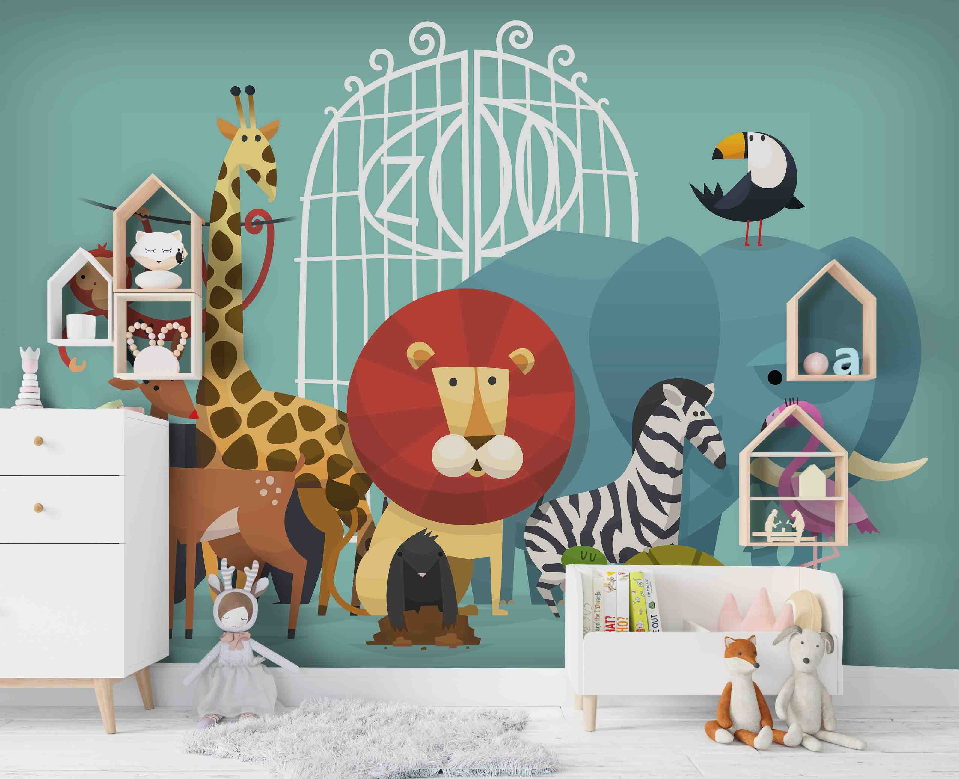 3D Cartoon Zoo Animals Wall Mural Wallpaper A267 Lqh