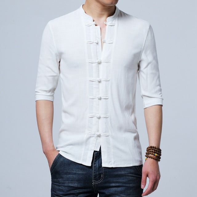 Summer Men Flax Shirts half Sleeve Chinese Style Mandarin Collar Traditional Kung Fu Tang Casual Social Shirt