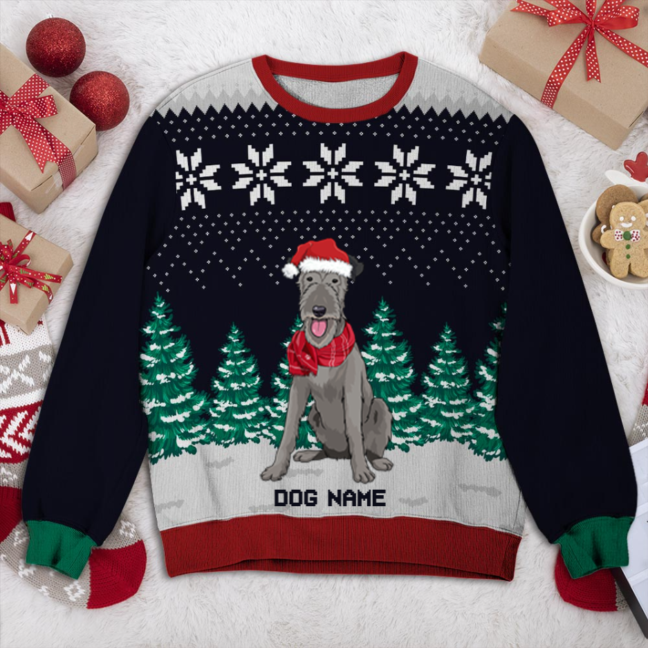 Wolfhound Dog And Christmas Tree Personalized Sweater, Dog Ugly Christmas Sweater