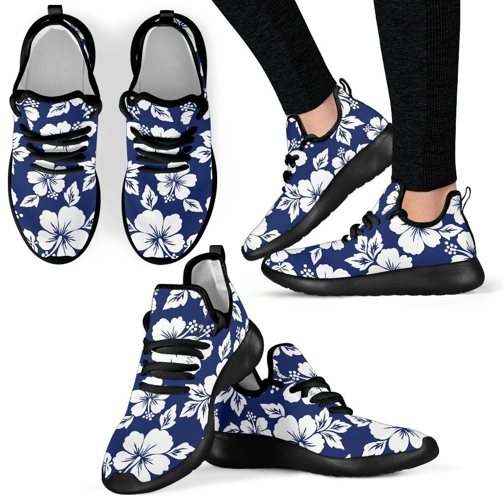 White Blue Hibiscus Floral Pattern Print Mesh Knit Shoes