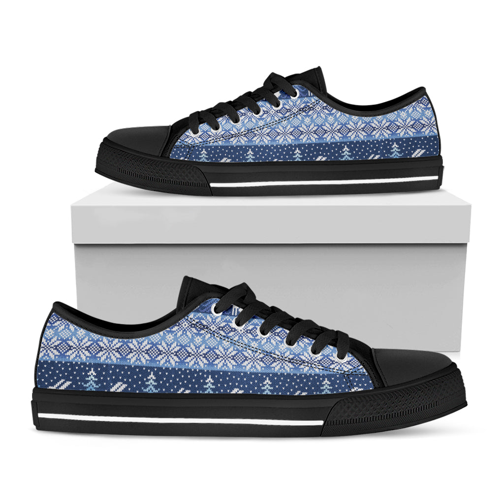 Snow Rabbit Knitted Pattern Print Black Low Top Shoes