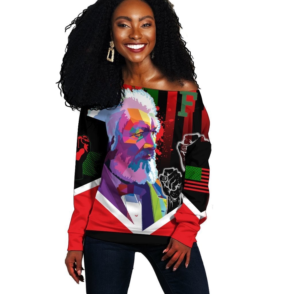 Wonder Print Shop Sweatshirt – African American Flag Frederick Douglass Women Off Shoulder