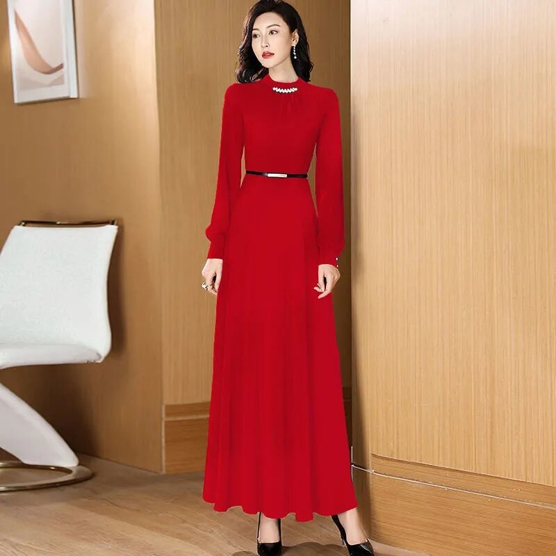 Women Temperament Long Sleeve Dress Lady Office Work Maxi Dress High Waist Belt Party Dress Spring Autumn Vintage Satin Clothing alx