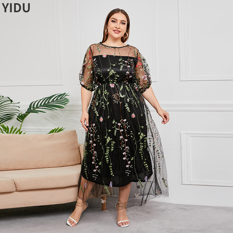 2022 plus-size dress evening dress netting embroidery party MIDI dress sexy dress alx