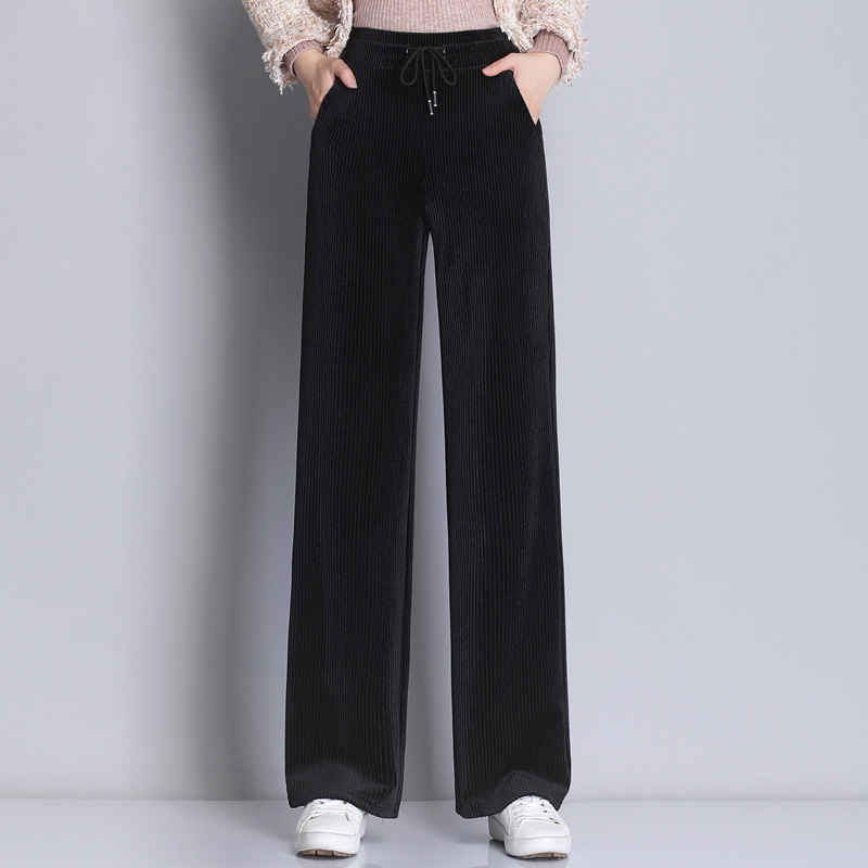 Women Elegant Black Pants Lace Up Elastic Waist Streetwear 2022 Spring Winter Casual Full Length Trousers Corduroy Pantalones alx