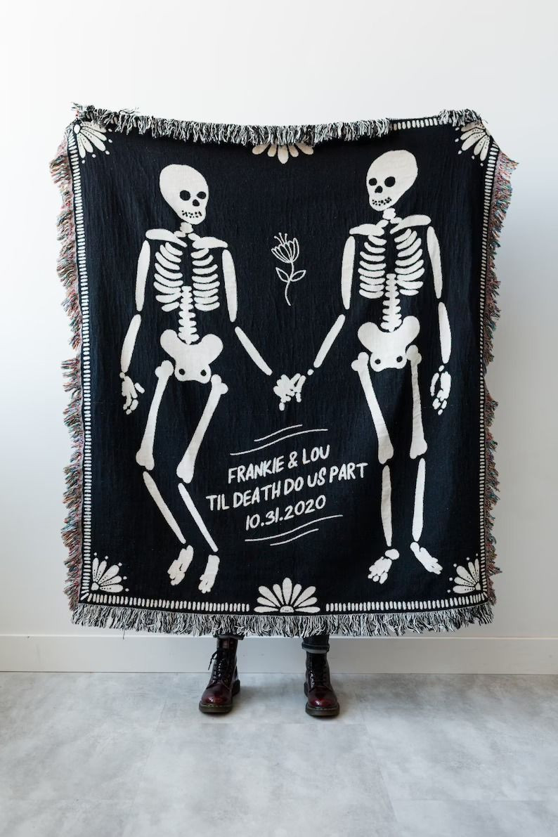 Personalized Skeleton Blanket: Til Death Do Us Part Woven Throw, Spooky Skull Decor, Wedding Or Anniversary Present, Halloween Goth Wedding