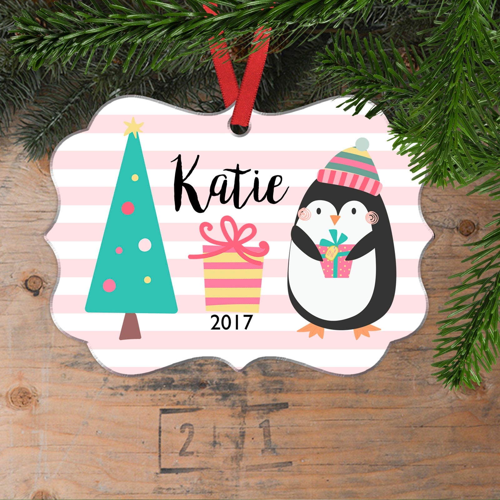 Girl Christmas Ornament – Pink Stripe Personalized Christmas Ornament – Pastel Penguin Christmas Ornament For Girls