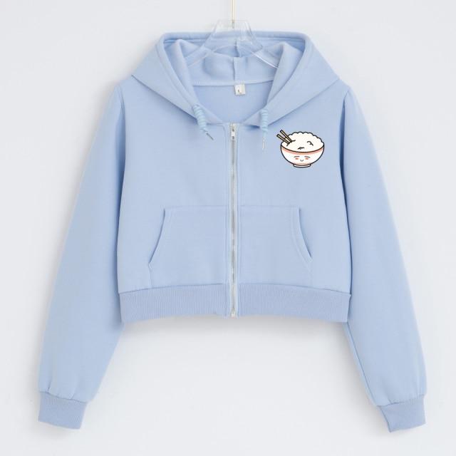 Sleeping Riceo The Rice Bowl Cropped Zip Up Soft Hoodies