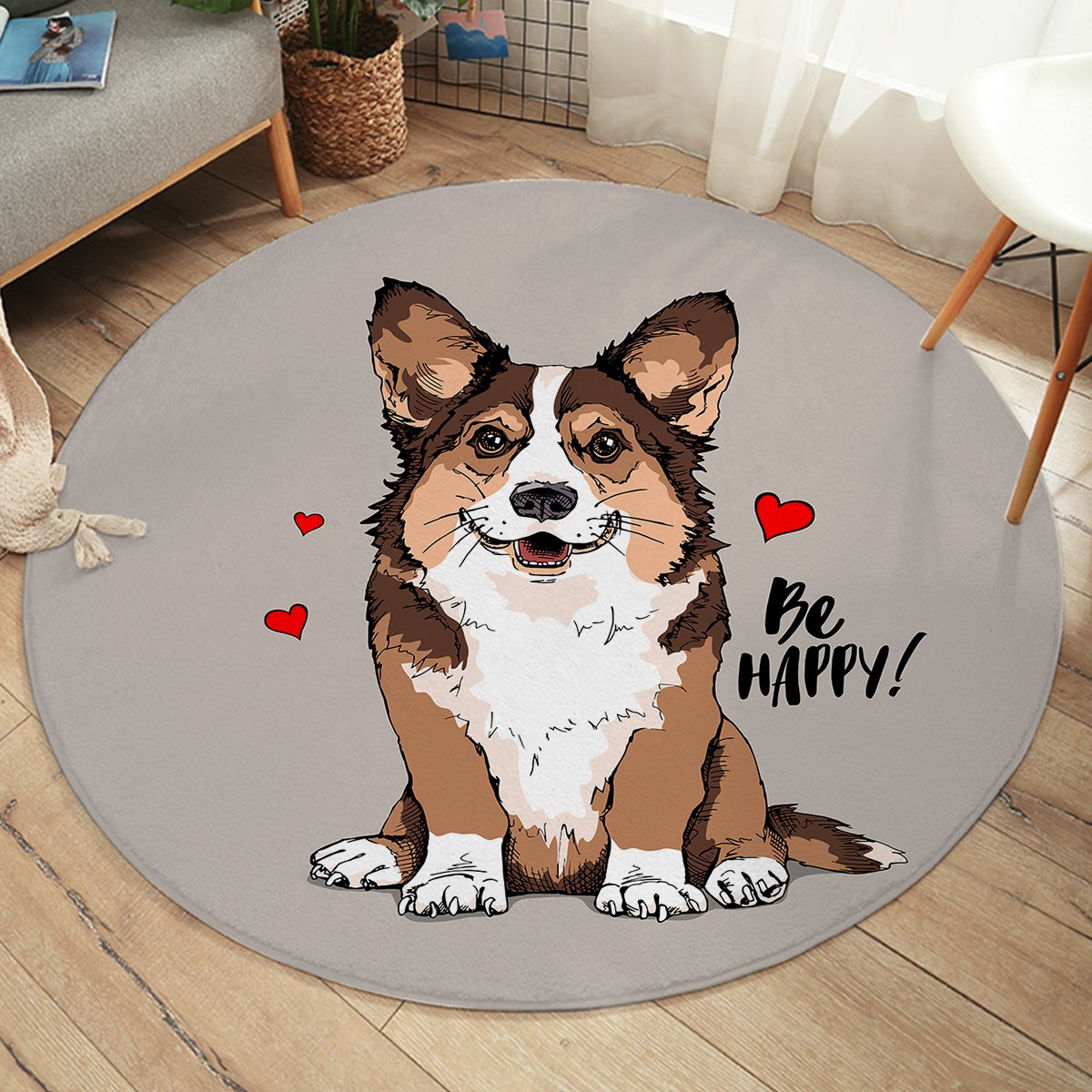 Be Happy Corgi SW2520 Round Rug