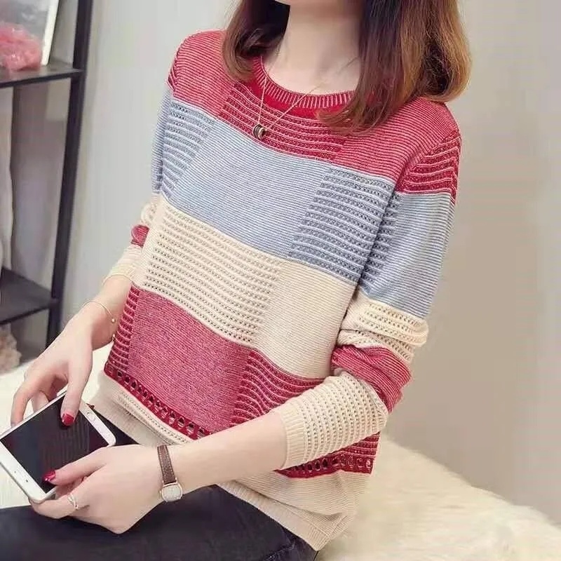 Spring Summer New knit Sweater Women Korean Matching Loose Striped Long-Sleeve Bottoming Pullover Thin Tops Female alx