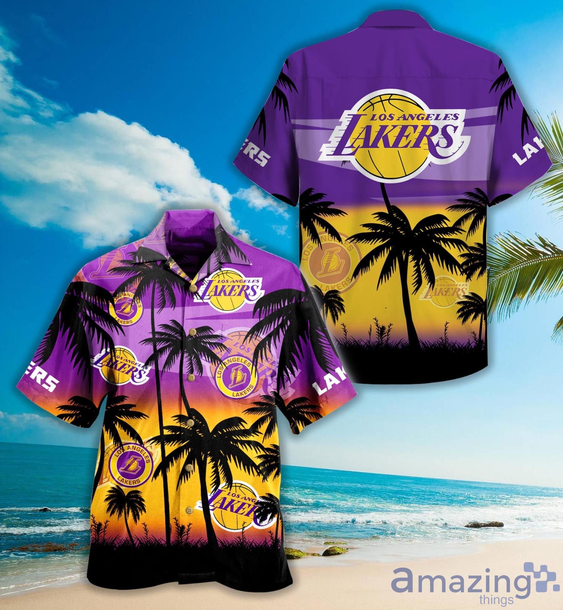 Nba Los Angeles Lakers Purple Golden Palm Beach Trendy Hawaiian Shirt Aloha Shirt