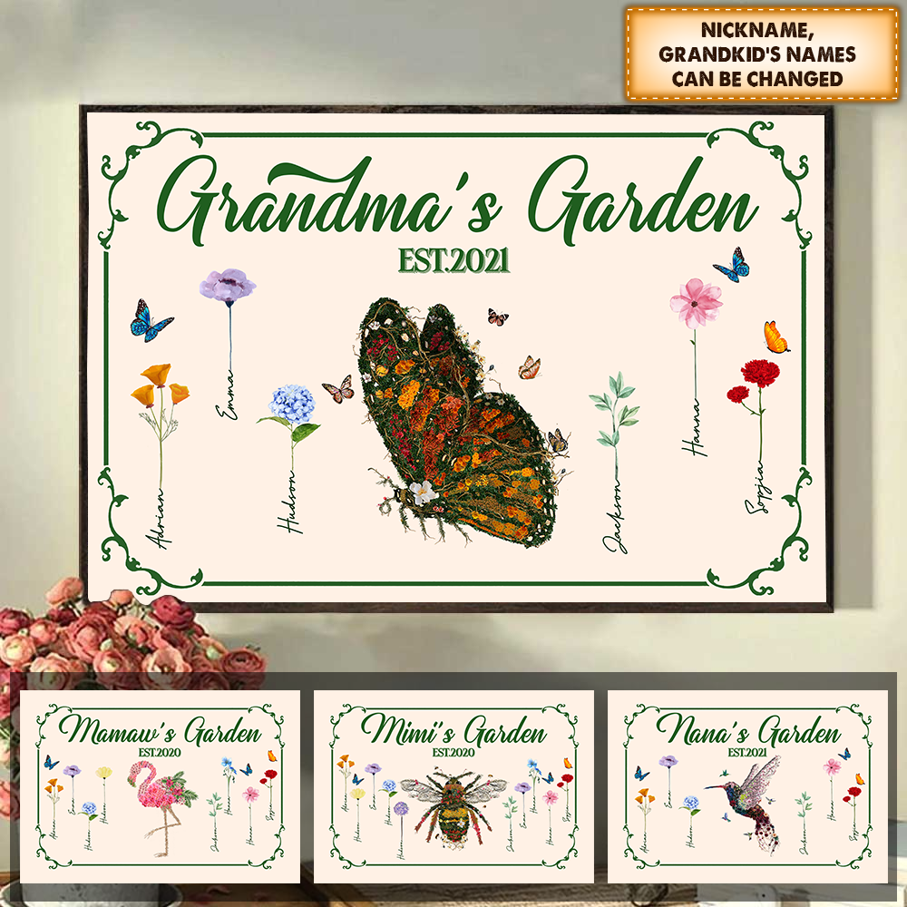 Personalized Grandma’S Garden Floral Poster And Canvas Grandma With Granfkids Name Butterfly Flower Canvas Hn98