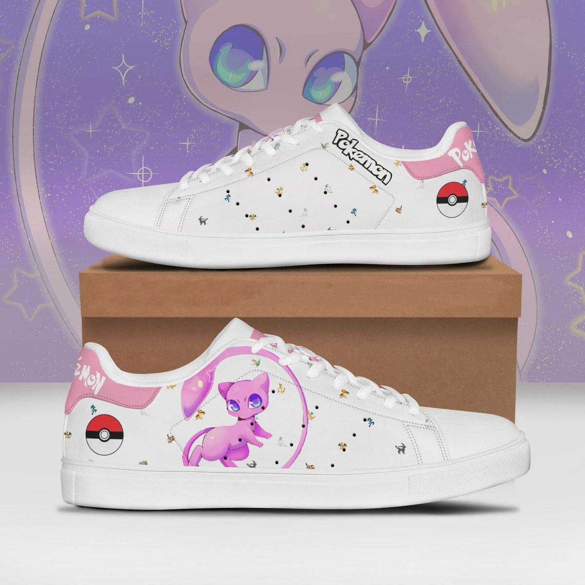 Pokemon Mew Anime Christmas Gift For Fan Low Top Leather Skate Shoes Sneakers For Man And Women