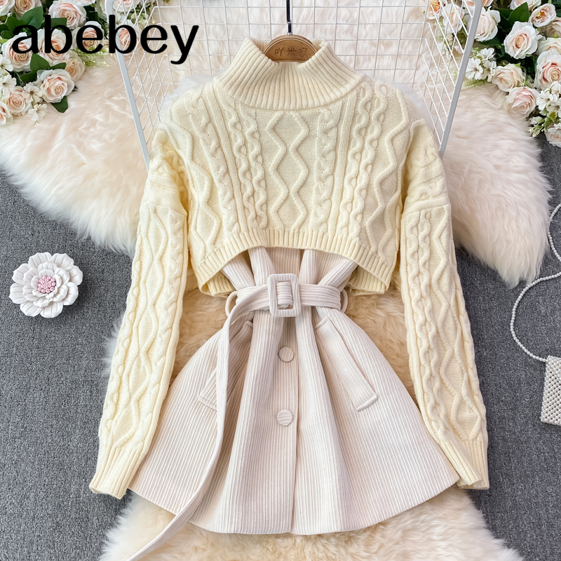 2021 New Autumn Winter Fashion Turtleneck long sleeve short knitted Pullover + high waist mid-length Vest Dress two-piece set alx