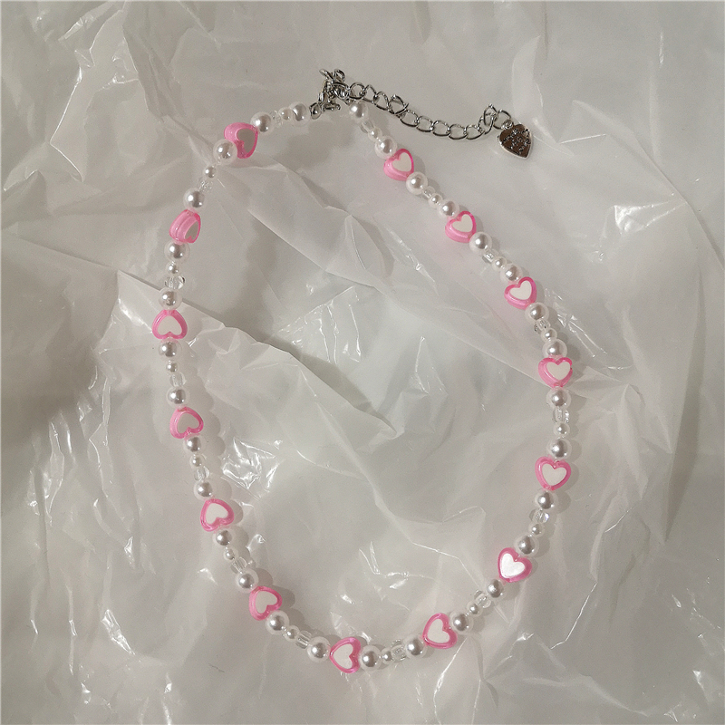 2022 New Goth Candy Color Pink Pearl Peach Heart Beaded Necklace For Female Harajuku Cute Egirl Party Y2K Jewelry Accessory Gift alx