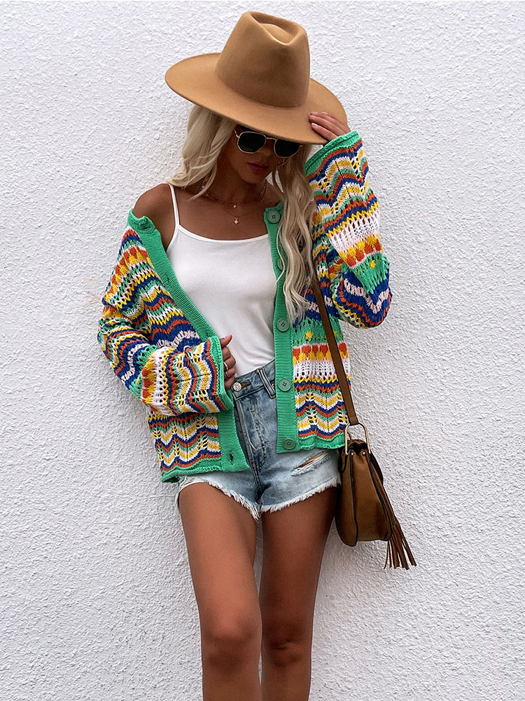 Aproms Elegant Rainbow Colored Long Sleeve Knit Cardigan Women Autumn Hollow Out Oversized Sweater Female Fashion Outerwear 2022 alx