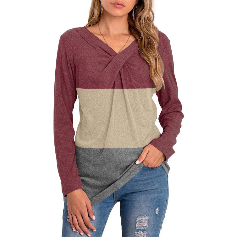 Womens V Neck Long Sleeve Solid Sweatshirt Cross Knot Loose Casual Tops for Spring, Autumn alx