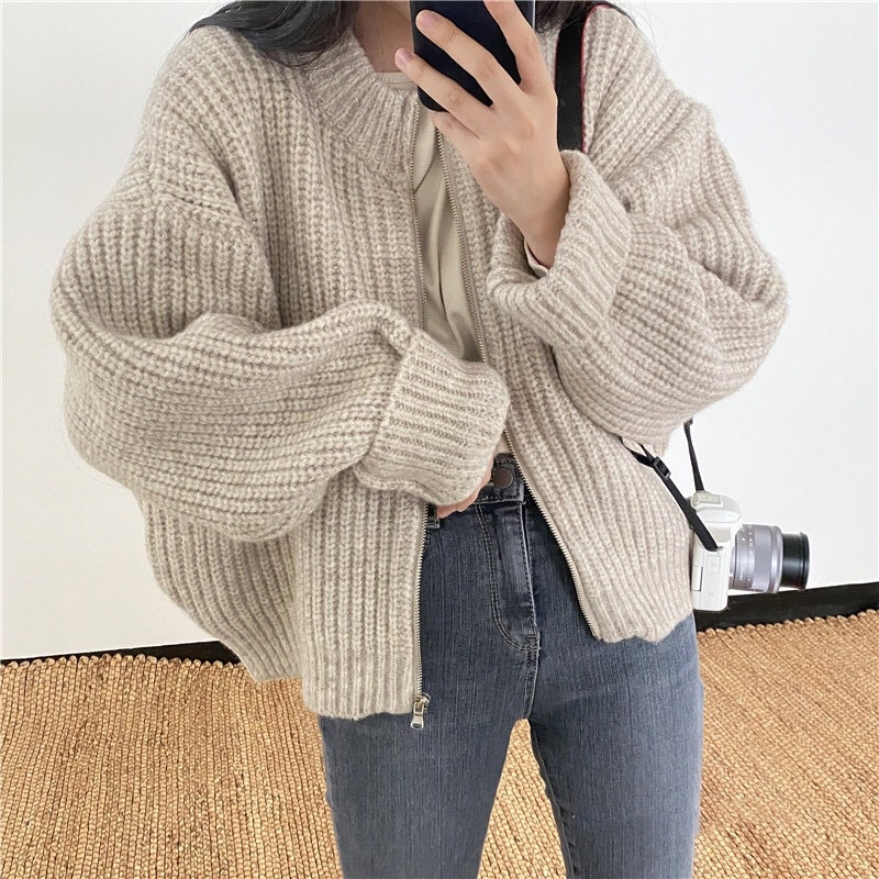 WAYOFLOVE Zipper Knitted Cardigans Sweater Women Autumn Winter Thicken Warm O Neck Sweater Cardigan Women Loose Vintage Sweaters alx